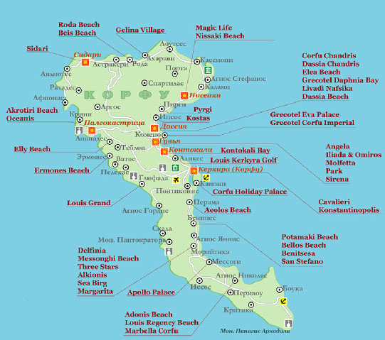 Карта отелей Корфу.